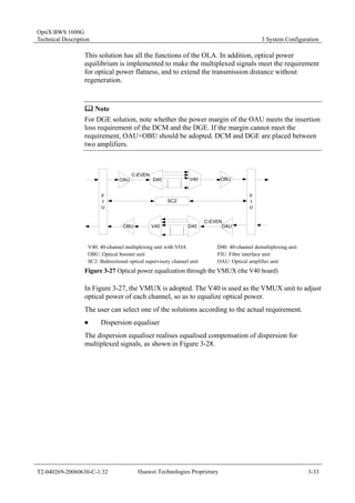 OptiX BWS 1600G 
Technical Description 3 System Configuration 
This solution has all the functions of the OLA. In addition, optical power 
equilibrium is implemented to make the multiplexed signals meet the requirement 
for optical power flatness, and to extend the transmission distance without 
regeneration. 
	 Note 
For DGE solution, note whether the power margin of the OAU meets the insertion 
loss requirement of the DCM and the DGE. If the margin cannot meet the 
requirement, OAU+OBU should be adopted. DCM and DGE are placed between 
two amplifiers. 
FIU 
FIU 
C-EVEN 
OAU D40 V40 OBU 
SC2 
C-EVEN 
OBU V40 D40 OAU 
V40: 40-channel multiplexing unit with VOA D40: 40-channel demultiplexing unit 
OBU: Optical booster unit FIU: Fibre interface unit 
SC2: Bidirectional optical supervisory channel unit OAU: Optical amplifier unit 
Figure 3-27 Optical power equalization through the VMUX (the V40 board) 
In Figure 3-27, the VMUX is adopted. The V40 is used as the VMUX unit to adjust 
optical power of each channel, so as to equalize optical power. 
The user can select one of the solutions according to the actual requirement. 
„ Dispersion equaliser 
The dispersion equaliser realises equalised compensation of dispersion for 
multiplexed signals, as shown in Figure 3-28. 
T2-040269-20060630-C-1.32 Huawei Technologies Proprietary 3-33 
 