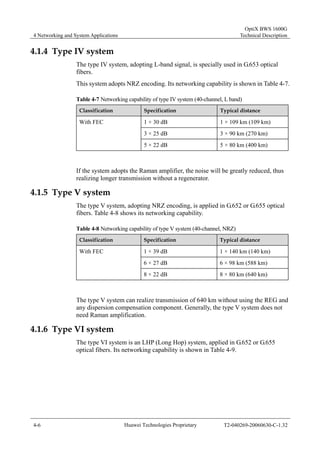 4 Networking and System Applications 
OptiX BWS 1600G 
Technical Description 
4.1.4 Type IV system 
The type IV system, adopting L-band signal, is specially used in G.653 optical 
fibers. 
This system adopts NRZ encoding. Its networking capability is shown in Table 4-7. 
Table 4-7 Networking capability of type IV system (40-channel, L band) 
Classification Specification Typical distance 
1 × 30 dB 1 × 109 km (109 km) 
3 × 25 dB 3 × 90 km (270 km) 
With FEC 
5 × 22 dB 5 × 80 km (400 km) 
If the system adopts the Raman amplifier, the noise will be greatly reduced, thus 
realizing longer transmission without a regenerator. 
4.1.5 Type V system 
The type V system, adopting NRZ encoding, is applied in G.652 or G.655 optical 
fibers. Table 4-8 shows its networking capability. 
Table 4-8 Networking capability of type V system (40-channel, NRZ) 
Classification Specification Typical distance 
1 × 39 dB 1 × 140 km (140 km) 
6 × 27 dB 6 × 98 km (588 km) 
With FEC 
8 × 22 dB 8 × 80 km (640 km) 
The type V system can realize transmission of 640 km without using the REG and 
any dispersion compensation component. Generally, the type V system does not 
need Raman amplification. 
4.1.6 Type VI system 
The type VI system is an LHP (Long Hop) system, applied in G.652 or G.655 
optical fibers. Its networking capability is shown in Table 4-9. 
4-6 Huawei Technologies Proprietary T2-040269-20060630-C-1.32 
 