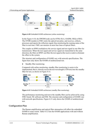 4 Networking and System Applications 
OptiX BWS 1600G 
Technical Description 
DWDM DWDM 
FMU 
MWF 
DWDM 
MWF 
MWA 
OAMS 
Figure 4-10 Embedded OAMS architecture (online monitoring) 
In the Figure 4-10, the DWDM node can be OTM, OLA, OADM, OEQ or REG. 
The OTDR module in FMU emits the optical test pulse, and receives, collects, 
processes and reports the reflection signal, thus monitoring the running status of the 
fiber in real time. FMU can monitor at most four lines of optical fibers. 
The coupler on MWA multiplexes the service signal and test signal in one fiber for 
transmission. When the test signal and service signal are transmitted in the same 
direction, the filter on MWF can filter the test signal at the receive node to eliminate 
the effect to the system. 
The structure and configuration of OAMS vary with network specifications. The 
figure here only shows the OAMS of unidirectional test. 
„ Standby fiber monitoring 
Compared with online monitoring, standby fiber monitoring is easier to be 
implemented, that is, directly access the test wavelength (1550 nm) into the standby 
fiber for test, as shown in Figure 4-11. 
DWDM node DWDM node 
FMU 
DWDM node 
Standby 
fiber 
Standby 
fiber 
Figure 4-11 Embedded OAMS architecture (standby fiber monitoring) 
The performance monitoring and test to the standby fiber can be achieved by using 
FMU board, NE software and NM. The structure and configuration of OAMS vary 
with network specifications. Figure 4-11 only shows the OAMS of unidirectional 
test. 
Configuration Plan 
The Raman amplification and optical fiber attenuation will affect the embedded 
OAMS to some extent. Table 4-12 lists the OAMS applications with and without 
Raman amplification. 
4-18 Huawei Technologies Proprietary T2-040269-20060630-C-1.32 
 