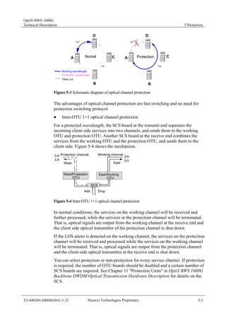 OptiX BWS 1600G 
Technical Description 5 Protection 
A 
D 
λn λn 
Nomal A 
B 
C 
D 
Protection 
λn λn 
B 
C 
Working wavelength 
Protection wavelength 
Fiber cut 
Figure 5-3 Schematic diagram of optical channel protection 
The advantages of optical channel protection are fast switching and no need for 
protection switching protocol. 
„ Inter-OTU 1+1 optical channel protection 
For a protected wavelength, the SCS board at the transmit end separates the 
incoming client side services into two channels, and sends them to the working 
OTU and protection OTU. Another SCS board at the receive end combines the 
services from the working OTU and the protection OTU, and sends them to the 
client side. Figure 5-4 shows the mechanism. 
Protection channel Working channel 
West East 
West/Protection 
OTU 
East/Working 
Drop 
SCS 
Add 
λn 
λn 
λn 
λn 
OTU 
Figure 5-4 Inter-OTU 1+1 optical channel protection 
In normal conditions, the services on the working channel will be received and 
further processed, while the services in the protection channel will be terminated. 
That is, optical signals are output from the working channel at the receive end and 
the client side optical transmitter of the protection channel is shut down. 
If the LOS alarm is detected on the working channel, the services on the protection 
channel will be received and processed while the services on the working channel 
will be terminated. That is, optical signals are output from the protection channel 
and the client-side optical transmitter at the receive end is shut down. 
You can select protection or non-protection for every service channel. If protection 
is required, the number of OTU boards should be doubled and a certain number of 
SCS boards are required. See Chapter 11 "Protection Units" in OptiX BWS 1600G 
Backbone DWDM Optical Transmission Hardware Description for details on the 
SCS. 
T2-040269-20060630-C-1.32 Huawei Technologies Proprietary 5-3 
 