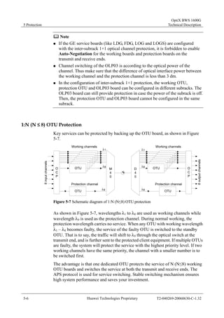 5 Protection 
OptiX BWS 1600G 
Technical Description 
	 Note 
„ If the GE service boards (like LDG, FDG, LOG and LOGS) are configured 
with the inter-subrack 1+1 optical channel protection, it is forbidden to enable 
Auto-Negotiation for the working boards and protection boards on the 
transmit and receive ends. 
„ Channel switching of the OLP03 is according to the optical power of the 
channel. Thus make sure that the difference of optical interface power between 
the working channel and the protection channel is less than 3 dm. 
„ In the configuration of inter-subrack 1+1 protection, the working OTU, 
protection OTU and OLP03 board can be configured in different subracks. The 
OLP03 board can still provide protection in case the power of the subrack is off. 
Then, the protection OTU and OLP03 board cannot be configured in the same 
subrack. 
1:N (N ≤ 8) OTU Protection 
Key services can be protected by backing up the OTU board, as shown in Figure 
5-7. 
λ1 
8 
Working channels 
OOTTUU OOTTUU OOTTUU OOTTUU 
Protection channel 
OTU 
Working channels 
OOTTUU OOTTUU OOTTUU OOTTUU 
Protection channel 
OTU 
D40 
OCP 
8 input channels 
OCP 
8 output channels 
M40 
λ 
λ1 
λ8 
λ9 λ9 
Figure 5-7 Schematic diagram of 1:N (N≤8) OTU protection 
As shown in Figure 5-7, wavelengths λ1 to λ8 are used as working channels while 
wavelength λ9 is used as the protection channel. During normal working, the 
protection wavelength carries no service. When any OTU with working wavelength 
λ1 – λ8 becomes faulty, the service of the faulty OTU is switched to the standby 
OTU. That is to say, the traffic will shift to λ9 through the optical switch at the 
transmit end, and is further sent to the protected client equipment. If multiple OTUs 
are faulty, the system will protect the service with the highest priority level. If two 
working channels have the same priority, the channel with a smaller number is to 
be switched first. 
The advantage is that one dedicated OTU protects the service of N (N≤8) working 
OTU boards and switches the service at both the transmit and receive ends. The 
APS protocol is used for service switching. Stable switching mechanism ensures 
high system performance and saves your investment. 
5-6 Huawei Technologies Proprietary T2-040269-20060630-C-1.32 
 