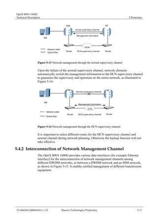OptiX BWS 1600G 
Technical Description 5 Protection 
NM 
GNE 
normal supervisory channel 
NE 
Management information 
Network cable 
Optical fiber 
DCN 
Router DCN supervisory channel Router 
Figure 5-13 Network management through the normal supervisory channel 
Upon the failure of the normal supervisory channel, network elements 
automatically switch the management information to the DCN supervisory channel 
to guarantee the supervisory and operation on the entire network, as illustrated in 
Figure 5-14. 
GNE NE 
Normal supervisory channel 
Management information 
DCN 
Router Router 
DCN supervisory channel 
NM 
Network cable 
Optical fiber 
Figure 5-14 Network management through the DCN supervisory channel 
It is important to select different routes for the DCN supervisory channel and 
normal channel during network planning. Otherwise the backup function will not 
take effective. 
5.4.2 Interconnection of Network Management Channel 
The OptiX BWS 1600G provides various data interfaces (for example Ethernet 
interface) for the interconnection of network management channels among 
different DWDM networks, or between a DWDM network and an SDH network, 
as shown in Figure 5-15. It enables unified management of different transmission 
equipment. 
T2-040269-20060630-C-1.32 Huawei Technologies Proprietary 5-11 
 