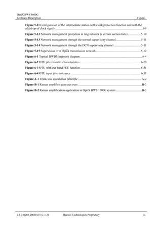 OptiX BWS 1600G 
Technical Description Figures 
Figure 5-11 Configuration of the intermediate station with clock protection function and with the 
add/drop of clock signals................................................................................................................... 5-9 
Figure 5-12 Network management protection in ring network (a certain section fails) ................. 5-10 
Figure 5-13 Network management through the normal supervisory channel................................. 5-11 
Figure 5-14 Network management through the DCN supervisory channel ................................... 5-11 
Figure 5-15 Supervision over OptiX transmission network ........................................................... 5-12 
Figure 6-1 Typical DWDM network diagram .................................................................................. 6-4 
Figure 6-2 OTU jitter transfer characteristics................................................................................. 6-50 
Figure 6-3 OTU with out-band FEC function ................................................................................ 6-51 
Figure 6-4 OTU input jitter tolerance............................................................................................. 6-51 
Figure A-1 Trunk loss calculation principle .................................................................................... A-2 
Figure B-1 Raman amplifier gain spectrum .....................................................................................B-3 
Figure B-2 Raman amplification application in OptiX BWS 1600G system...................................B-3 
T2-040269-20060115-C-1.31 Huawei Technologies Proprietary ix 
 