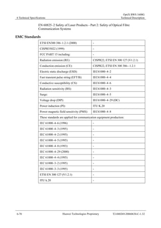 6 Technical Specifications 
OptiX BWS 1600G 
Technical Description 
EN 60825–2 Safety of Laser Products - Part 2: Safety of Optical Fibre 
Communication Systems 
EMC Standards 
ETSI EN300 386–1.2.1 (2000) - 
CISPR55022 (1999) - 
FCC PART 15 including: - 
Radiation emission (RE): CISPR22, ETSI EN 300 127 (V1.2.1) 
Conduction emission (CE): CISPR22, ETSI EN 300 386-–1.2.1 
Electric static discharge (ESD): IEC61000–4–2 
Fast transient pulse string (EFT/B): IEC61000–4–4 
Conductive susceptibility (CS): IEC61000–4–6 
Radiation sensitivity (RS): IEC61000–4–3 
Surge: IEC61000–4–5 
Voltage drop (DIP): IEC61000–4–29 (DC) 
Power induction (PI): ITU K.20 
Power magnetic field sensitivity (PMS): IEC61000–4–8 
These standards are applied for communication equipment production: 
IEC 61000–4–6 (1996) - 
IEC 61000–4–3 (1995) - 
IEC 61000–4–2 (1995) - 
IEC 61000–4–5 (1995) - 
IEC 61000–4–8 (1993) - 
IEC 61000–4–29 (2000) - 
IEC 61000–4–4 (1995) - 
IEC 61000–3–2 (1995) - 
IEC 61000–3–3 (1995) - 
ETSI EN 300 127 (V1.2.1) - 
ITU k.20 - 
6-70 Huawei Technologies Proprietary T2-040269-20060630-C-1.32 
 