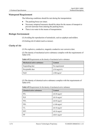 6 Technical Specifications 
OptiX BWS 1600G 
Technical Description 
Waterproof Requirement 
The following conditions should be met during the transportation: 
„ The packing boxes are intact. 
„ Necessary rainproof measures should be taken for the means of transport to 
prevent rainwater from entering the packing boxes. 
„ There is no water in the means of transportation. 
Biologic Environment 
(1) Avoiding the reproduction of animalcule, such as epiphyte and mildew. 
(2) Getting rid of rodent (such as mouse). 
Clarity of Air 
(1) No explosive, conductive, magnetic conductive nor corrosive dust. 
(2) The density of mechanical active substance complies with the requirements of 
Table 6-92. 
Table 6-92 Requirements on the density of mechanical active substance 
Mechanical active substance Content 
Suspending dust No requirement 
Precipitable dust ≤3.0 mg/m²·h 
Sand ≤100 mg/m³ 
(3) The density of chemical active substance complies with the requirements of 
Table 6-93. 
Table 6-93 Requirements for the density of mechanical active substance 
Chemical active substance Content 
SO2 ≤0.30 mg/m³ 
H2S ≤0.10 mg/m³ 
NO2 ≤0.50 mg/m³ 
NH3 ≤1.00 mg/m³ 
CI2 ≤0.10 mg/m³ 
HCI ≤0.10 mg/m³ 
HF ≤0.01 mg/m³ 
6-74 Huawei Technologies Proprietary T2-040269-20060630-C-1.32 
 