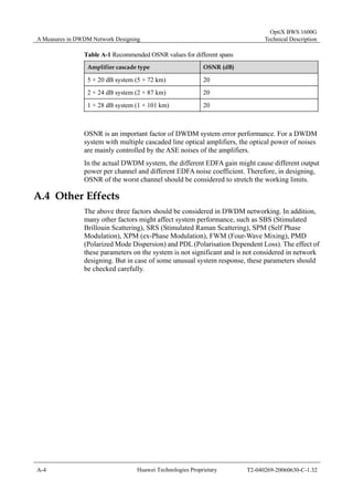A Measures in DWDM Network Designing 
OptiX BWS 1600G 
Technical Description 
Table A-1 Recommended OSNR values for different spans 
Amplifier cascade type OSNR (dB) 
5 × 20 dB system (5 × 72 km) 20 
2 × 24 dB system (2 × 87 km) 20 
1 × 28 dB system (1 × 101 km) 20 
OSNR is an important factor of DWDM system error performance. For a DWDM 
system with multiple cascaded line optical amplifiers, the optical power of noises 
are mainly controlled by the ASE noises of the amplifiers. 
In the actual DWDM system, the different EDFA gain might cause different output 
power per channel and different EDFA noise coefficient. Therefore, in designing, 
OSNR of the worst channel should be considered to stretch the working limits. 
A.4 Other Effects 
The above three factors should be considered in DWDM networking. In addition, 
many other factors might affect system performance, such as SBS (Stimulated 
Brillouin Scattering), SRS (Stimulated Raman Scattering), SPM (Self Phase 
Modulation), XPM (ex-Phase Modulation), FWM (Four-Wave Mixing), PMD 
(Polarized Mode Dispersion) and PDL (Polarisation Dependent Loss). The effect of 
these parameters on the system is not significant and is not considered in network 
designing. But in case of some unusual system response, these parameters should 
be checked carefully. 
A-4 Huawei Technologies Proprietary T2-040269-20060630-C-1.32 
 