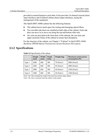 2 Product Description 
OptiX BWS 1600G 
Technical Description 
provided as mutual backup to each other. It also provides 16-channel external alarm 
input interfaces and 4-channel cabinet alarm output interfaces, easing the 
management of the equipment. 
The OptiX BWS 1600G cabinet has the following features: 
„ The cabinet leaves much space for routing and managing optical fibers. 
„ Two movable side doors are installed at both sides of the cabinet. Each side 
door can move in or move out along the top and bottom slide rails. 
„ Air vents are provided at the front door of the subrack, the rear door and 
upper enclosure frame of the cabinet to ensure heat dissipation. 
For the structure of the cabinet, see Chapter 1 "Cabinet" in OptiX BWS 1600G 
Backbone DWDM Optical Transmission System Hardware Description. 
2.1.2 Specifications 
Table 2-2 Specification of the cabinet 
Height 
(mm) 
Width 
(mm) 
Depth 
(mm) 
Weight (kg) Maximum system power 
consumption (W) 
Type 1 2600 600 300 78 (Note1) 2000 (Note2) 
Type 2 2200 600 300 69 (Note1) 2000 (Note2) 
Type 3 2000 600 300 64 (Note1) 1300 (Note2) 
Type 4 1800 600 300 58 (Note1) 1300 (Note2) 
Note1: The value including the weight of the power box and the empty cabinet. 
Note2: The value is measured when the cabinet is fully loaded. 
2-2 Huawei Technologies Proprietary T2-040269-20060630-C-1.32 
 