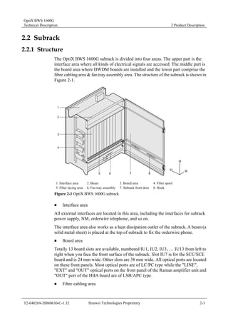 OptiX BWS 1600G 
Technical Description 2 Product Description 
2.2 Subrack 
2.2.1 Structure 
The OptiX BWS 1600G subrack is divided into four areas. The upper part is the 
interface area where all kinds of electrical signals are accessed. The middle part is 
the board area where DWDM boards are installed and the lower part comprise the 
fibre cabling area & fan tray assembly area. The structure of the subrack is shown in 
Figure 2-1. 
1 
2 
3 
4 
5 6 7 8 
W 
H 
D 
1. Interface area 2. Beam 3. Board area 4. Fiber spool 
5. Fiber laying area 6. Fan tray assembly 7. Subrack front door 8. Hook 
Figure 2-1 OptiX BWS 1600G subrack 
„ Interface area 
All external interfaces are located in this area, including the interfaces for subrack 
power supply, NM, orderwire telephone, and so on. 
The interface area also works as a heat dissipation outlet of the subrack. A beam (a 
solid metal sheet) is placed at the top of subrack to fix the orderwire phone. 
„ Board area 
Totally 13 board slots are available, numbered IU1, IU2, IU3, … IU13 from left to 
right when you face the front surface of the subrack. Slot IU7 is for the SCC/SCE 
board and is 24 mm wide. Other slots are 38 mm wide. All optical ports are located 
on these front panels. Most optical ports are of LC/PC type while the "LINE", 
"EXT" and "OUT" optical ports on the front panel of the Raman amplifier unit and 
"OUT" port of the HBA board are of LSH/APC type. 
„ Fibre cabling area 
T2-040269-20060630-C-1.32 Huawei Technologies Proprietary 2-3 
 