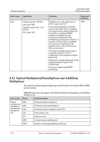 2 Product Description 
OptiX BWS 1600G 
Technical Description 
Board name Application Functions Regenerati 
ng board 
FDG Channel spacing: 100 GHz 
Line code: NRZ 
Applied to type II, III, V, VI 
systems 
FEC mode: FEC 
Multiplexes two GE signals into an 
OTU1 signal with FEC. 
In the transmit direction, the board 
converts two IEEE 802.3z-compliant 
GE signals into the optical signal with 
the G.694.1-compliant DWDM 
standard wavelength through 
conversion, decapsulation and 
multiplexing. In the receive direction, it 
restores two IEEE 802.3z-compliant 
GE signals and sends them to the 
gigabit router or other GE devices in 
the reverse process. 
The signal encoding and decoding is 
compliant with ITU-T G.975, 
supporting G.709-compliant overhead 
processing. 
Supports wavelength adjustment for the 
transmitted optical signal on the 
DWDM side. 
It does not support SuperWDM 
technology. 
TRC1 
2.3.2 Optical Multiplexer/Demultiplexer and Add/Drop 
Multiplexer 
The optical multiplexing/demultiplexing related boards of the OptiX BWS 1600G 
system include: 
Table 2-8 Board name and category of the Optical Multiplexer/Demultiplexer and Add/Drop 
Multiplexer unit 
Service type Board Board description 
M40 40-channel optical multiplexer 
D40 40-channel optical demultiplexer 
V40 40-channel optical multiplexer with VOA 
FIU Fiber interface unit 
ITL Interleaver unit 
MR2 2-channel optical add/drop unit 
Optical 
multiplexer/d 
emultiplexer 
and add/drop 
multiplexer 
unit 
DWC Dynamic wavelength add/drop control unit 
2-16 Huawei Technologies Proprietary T2-040269-20060630-C-1.32 
 