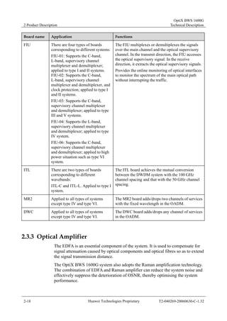 2 Product Description 
OptiX BWS 1600G 
Technical Description 
Board name Application Functions 
FIU There are four types of boards 
corresponding to different systems: 
FIU-01: Supports the C-band, 
L-band, supervisory channel 
multiplexer and demultiplexer; 
applied to type I and II systems. 
FIU-02: Supports the C-band, 
L-band, supervisory channel 
multiplexer and demultiplexer, and 
clock protection; applied to type I 
and II systems. 
FIU-03: Supports the C-band, 
supervisory channel multiplexer 
and demultiplexer; applied to type 
III and V systems. 
FIU-04: Supports the L-band, 
supervisory channel multiplexer 
and demultiplexer; applied to type 
IV system. 
FIU-06: Supports the C-band, 
supervisory channel multiplexer 
and demultiplexer; applied to high 
power situation such as type VI 
system. 
The FIU multiplexes or demultiplexes the signals 
over the main channel and the optical supervisory 
channel. In the transmit direction, the FIU accesses 
the optical supervisory signal. In the receive 
direction, it extracts the optical supervisory signals. 
Provides the online monitoring of optical interfaces 
to monitor the spectrum of the main optical path 
without interrupting the traffic. 
ITL There are two types of boards 
corresponding to different 
wavebands: 
ITL-C and ITL-L. Applied to type I 
system. 
The ITL board achieves the mutual conversion 
between the DWDM system with the 100 GHz 
channel spacing and that with the 50 GHz channel 
spacing. 
MR2 Applied to all types of systems 
except type IV and type VI. 
The MR2 board adds/drops two channels of services 
with the fixed wavelength in the OADM. 
DWC Applied to all types of systems 
except type IV and type VI. 
The DWC board adds/drops any channel of services 
in the OADM. 
2.3.3 Optical Amplifier 
The EDFA is an essential component of the system. It is used to compensate for 
signal attenuation caused by optical components and optical fibres so as to extend 
the signal transmission distance. 
The OptiX BWS 1600G system also adopts the Raman amplification technology. 
The combination of EDFA and Raman amplifier can reduce the system noise and 
effectively suppress the deterioration of OSNR, thereby optimising the system 
performance. 
2-18 Huawei Technologies Proprietary T2-040269-20060630-C-1.32 
 