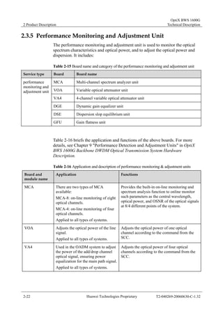 2 Product Description 
OptiX BWS 1600G 
Technical Description 
2.3.5 Performance Monitoring and Adjustment Unit 
The performance monitoring and adjustment unit is used to monitor the optical 
spectrum characteristics and optical power, and to adjust the optical power and 
dispersion. It includes: 
Table 2-15 Board name and category of the performance monitoring and adjustment unit 
Service type Board Board name 
MCA Multi-channel spectrum analyzer unit 
VOA Variable optical attenuator unit 
VA4 4-channel variable optical attenuator unit 
DGE Dynamic gain equalizer unit 
DSE Dispersion slop equilibrium unit 
performance 
monitoring and 
adjustment unit 
GFU Gain flatness unit 
Table 2-16 briefs the application and functions of the above boards. For more 
details, see Chapter 9 "Performance Detection and Adjustment Units" in OptiX 
BWS 1600G Backbone DWDM Optical Transmission System Hardware 
Description. 
Table 2-16 Application and description of performance monitoring & adjustment units 
Board and 
module name 
Application Functions 
MCA There are two types of MCA 
available: 
MCA-8: on-line monitoring of eight 
optical channels. 
MCA-4: on-line monitoring of four 
optical channels. 
Applied to all types of systems. 
Provides the built-in on-line monitoring and 
spectrum analysis function to online monitor 
such parameters as the central wavelength, 
optical power, and OSNR of the optical signals 
at 8/4 different points of the system. 
VOA Adjusts the optical power of the line 
signal. 
Applied to all types of systems. 
Adjusts the optical power of one optical 
channel according to the command from the 
SCC. 
VA4 Used in the OADM system to adjust 
the power of the add/drop channel 
optical signal, ensuring power 
equalization for the main path signal. 
Applied to all types of systems. 
Adjusts the optical power of four optical 
channels according to the command from the 
SCC. 
2-22 Huawei Technologies Proprietary T2-040269-20060630-C-1.32 
 