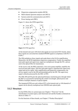 3 System Configuration 
OptiX BWS 1600G 
Technical Description 
„ Dispersion compensation module (DCM) 
„ Multi-channel spectrum analyser unit (MCA) 
„ System control & communication unit (SCC) 
„ Power backup unit (PBU) 
Figure 3-1 shows the OTM signal flow. 
MCA 
FIU 
DCM 
OA 
λ01 
OD 
OSC/OTC 
OA 
OTU01 
Client 
side 
OM 
OTU02 
OTU n 
OTU01 
OTU02 
OTU n 
λ02 
λn 
λ01 
λ02 
λn 
DCM 
RPU 
Figure 3-1 OTM signal flow 
At the transmit end, up to 160 client-side signals are received at OTU boards, where 
these signals are converted into standard DWDM signals in compliance with ITU-T 
G.694.1. 
The OM multiplexes these signals and sends them to the OA for amplification. 
Meanwhile, the DCM implements dispersion compensation. Finally, the amplified 
main path signal and supervisory signal are multiplexed, through the FIU, and are 
sent to the optical fibre for transmission. 
At the receive end, the RPU (optional), a low-noise pump amplifier, amplifies the 
received main path signal. Then the main path signal is separated into supervisory 
signal and service signal. After amplification and dispersion compensation, the 
service signal is sent to the OD and demultiplexed by the OD. The supervisory 
signal is directly processed by the OSC or OTC. 
The OM, OD and OA provide optical performance monitoring port, through which 
the MCA is accessed for monitoring the central wavelength, optical power and 
OSNR of multiple channels of optical signals. 
The integrated OTM can work without OTU at the transmit end, so 160 channels of 
signals can be directly multiplexed into DWDM main optical path. 
3.1.2 Structure 
For the OTM of the six system types (see Chapter 1 "Overview" for the 
classification of system types), each functional unit and the board(s) contained are 
shown in Table 3-1. 
For the functions of these boards, see Chapter 2 "Product Description". 
3-2 Huawei Technologies Proprietary T2-040269-20060630-C-1.32 
 