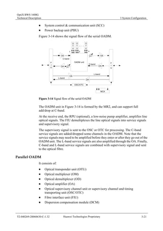 OptiX BWS 1600G 
Technical Description 3 System Configuration 
„ System control & communication unit (SCC) 
„ Power backup unit (PBU) 
Figure 3-14 shows the signal flow of the serial OADM. 
FIU 
OTU 
OTU 
OTU 
1 2 n 
OA 
C-band 
OADM unit 
OA 
OA OA 
OSC/OTC 
C-band FIU 
OA 
OA 
L-band 
L-band 
MCA 
Figure 3-14 Signal flow of the serial OADM 
The OADM unit in Figure 3-14 is formed by the MR2, and can support full 
add/drop at C-band. 
At the receive end, the RPU (optional), a low-noise pump amplifier, amplifies line 
optical signals. The FIU demultiplexes the line optical signals into service signals 
and supervisory signal. 
The supervisory signal is sent to the OSC or OTC for processing. The C-band 
service signals are added/dropped some channels in the OADM. Note that the 
service signals may need to be amplified before they enter or after they go out of the 
OADM unit. The L-band service signals are also amplified through the OA. Finally, 
C-band and L-band service signals are combined with supervisory signal and sent 
to the optical fibre. 
Parallel OADM 
It consists of: 
„ Optical transponder unit (OTU) 
„ Optical multiplexer (OM) 
„ Optical demultiplexer (OD) 
„ Optical amplifier (OA) 
„ Optical supervisory channel unit or supervisory channel and timing 
transporting unit (OSC/OTC) 
„ Fibre interface unit (FIU) 
„ Dispersion compensation module (DCM) 
T2-040269-20060630-C-1.32 Huawei Technologies Proprietary 3-21 
 