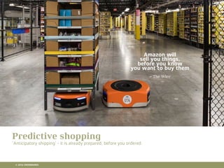 10 RETAIL TRENDS FOR 2016
Amazon will
sell you things,
before you know
you want to buy them
~ The Wire
Predictive shopping
‘Anticipatory shipping’ - it is already prepared, before you ordered.
© 2016 CROSSMARKS
 