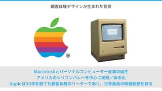 顧客体験デザインが生まれた背景
Macintoshとパーソナルコンピューター産業の誕生
アメリカのシリコンバレーを中心に実践／体系化
Appleは30年を経ても顧客体験のリーダーであり、世界最高の時価総額を誇る
 