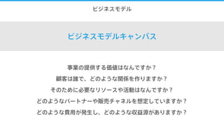 3.ビジネスモデル
ビジネスモデルキャンバス
事業の提供する価値はなんですか？
顧客は誰で、どのような関係を作りますか？
そのために必要なリソースや活動はなんですか？
どのようなパートナーや販売チャネルを想定していますか？
どのような費用が発生し、どのような収益源がありますか？
 