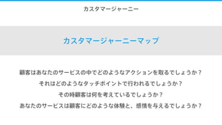 6.カスタマージャーニー
カスタマージャーニーマップ
顧客はあなたのサービスの中でどのようなアクションを取るでしょうか？
それはどのようなタッチポイントで行われるでしょうか？
その時顧客は何を考えているでしょうか？
あなたのサービスは顧客にどのような体験と、感情を与えるでしょうか？
 
