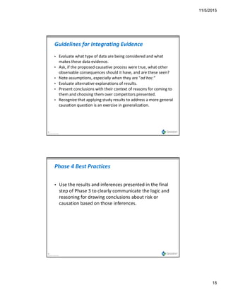 11/5/2015
18
Guidelines for Integrating Evidence
• Evaluate what type of data are being considered and what 
makes these data evidence.
• Ask, if the proposed causative process were true, what other , p p p ,
observable consequences should it have, and are these seen?
• Note assumptions, especially when they are "ad hoc.”
• Evaluate alternative explanations of results.
• Present conclusions with their context of reasons for coming to 
them and choosing them over competitors presented.
• Recognize that applying study results to address a more general 
35
Copyright Gradient 2013
causation question is an exercise in generalization.
Phase 4 Best Practices
• Use the results and inferences presented in the final 
step of Phase 3 to clearly communicate the logic andstep of Phase 3 to clearly communicate the logic and 
reasoning for drawing conclusions about risk or 
causation based on those inferences.  
36
Copyright Gradient 2013
 