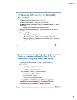 11/5/2015
21
For Observed Outcomes that are Candidates 
for “Evidence”
• Why we think they happened where they did.
• Why we think they didn’t happen where they didn’t.
• Why we think the “did‐happen” factors would also apply to the target 
population.
 Might apply?  Probably apply?  Known to apply?
• Are there discrepant observations, and if so, how do we account for 
them?
• Are our “whys”
 Observable underlying causes?
41
Copyright Gradient 2013
 Observable underlying causes?
 Reasonable guesses based on wider knowledge, other cases?
 Ad hoc assumptions without evidence, needed to explain otherwise 
puzzling phenomena?
Evaluate How Compelling the Case is for the 
Proposed Basis of Human Risk in View of:
• “Predictions" of hypotheses that are confirmed in the 
observations
• More weight to "risky"  and specific predictions
• Less weight when subsidiary assumptions or explanations are needed
• Both Positive and Negative Predictions!
• Apparent Refutations (counterexamples)
• Failure to repeat result across studies
• Non‐responding sexes or species
42
Copyright Gradient 2013
• Unpredicted but clearly relevant phenomena
• An hypothesis can often be reconciled with apparent 
refutations by either modifying it or adding subsidiary 
assumptions – but this entails a weight "penalty"
 