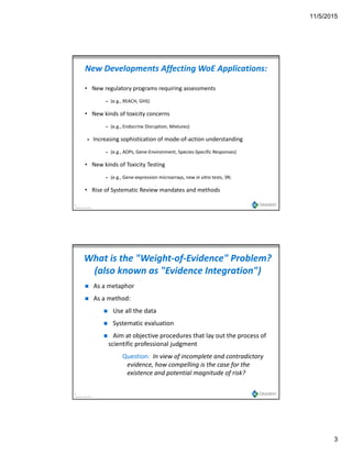 11/5/2015
3
New Developments Affecting WoE Applications:
• New regulatory programs requiring assessments
 (e.g., REACH, GHS)
• New kinds of toxicity concerns  
 (e.g., Endocrine Disruption, Mixtures)
 Increasing sophistication of mode‐of‐action understanding
 (e.g., AOPs, Gene‐Environment, Species‐Specific Responses)
5
Copyright Gradient 2013
• New kinds of Toxicity Testing  
 (e.g., Gene‐expression microarrays, new in vitro tests, 3R)
• Rise of Systematic Review mandates and methods
What is the "Weight‐of‐Evidence" Problem?
(also known as "Evidence Integration")
 As a metaphor
h d As a method:
 Use all the data
 Systematic evaluation
 Aim at objective procedures that lay out the process of 
scientific professional judgment
6
Copyright Gradient 2013
Question:  In view of incomplete and contradictory 
evidence, how compelling is the case for the 
existence and potential magnitude of risk?
 
