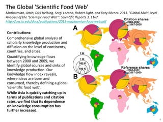 The Global 'Scientific Food Web'
Mazloumian, Amin, Dirk Helbing, Sergi Lozano, Robert Light, and Katy Börner. 2013. "Global Multi-Level
Analysis of the 'Scientific Food Web'". Scientific Reports 3, 1167.
http://cns.iu.edu/docs/publications/2013-mazloumian-food-web.pdf
Contributions:
Comprehensive global analysis of
scholarly knowledge production and
diffusion on the level of continents,
countries, and cities.
Quantifying knowledge flows
between 2000 and 2009, we
identify global sources and sinks of
knowledge production. Our
knowledge flow index reveals,
where ideas are born and
consumed, thereby defining a global
‘scientific food web’.
While Asia is quickly catching up in
terms of publications and citation
rates, we find that its dependence
on knowledge consumption has
further increased.
9
 