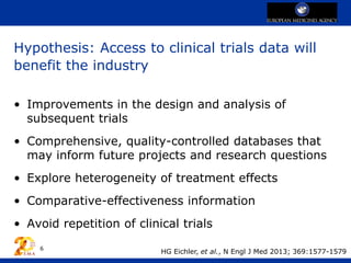 Hypothesis: Access to clinical trials data will
benefit the industry
• Improvements in the design and analysis of
subsequent trials
• Comprehensive, quality-controlled databases that
may inform future projects and research questions
• Explore heterogeneity of treatment effects
• Comparative-effectiveness information
• Avoid repetition of clinical trials
6
HG Eichler, et al., N Engl J Med 2013; 369:1577-1579
 