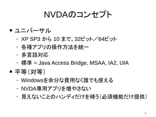 5
NVDAΥ󥻥ץ
 ˥Щ`
C XP SP3  10 ޤǡ32ӥåȣ64ӥå
C Nץβyһ
C Z
C ˜ = Java Access Bridge, MSAA, IA2, UIA
 ƽȣȣ
C Windows֤MäʤlǤʹ
C NVDAåץ򉈤䤵ʤ
C ҊʤȤΥϥǥa횙Cܤṩ
 