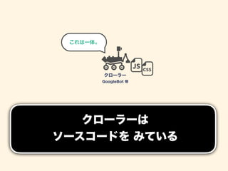 クローラー
GoogleBot 等
JS CSS
クローラーは 
ソースコードを みている
これは一体。
 