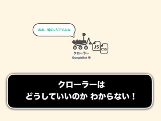 クローラーは 
どうしていいのか わからない！
クローラー
GoogleBot 等
JS CSS
ああ、噂のJSですよね
 
