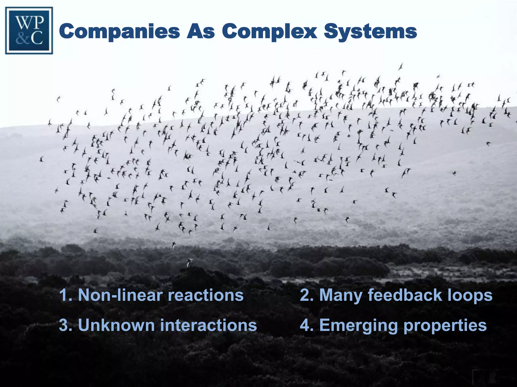 4
Companies As Complex Systems
1. Non-linear reactions
3. Unknown interactions
2. Many feedback loops
4. Emerging properties
 