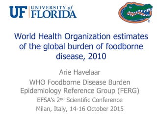 World Health Organization estimates
of the global burden of foodborne
disease, 2010
Arie Havelaar
WHO Foodborne Disease Burden
Epidemiology Reference Group (FERG)
EFSA’s 2nd Scientific Conference
Milan, Italy, 14-16 October 2015
 