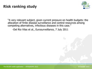 The BCoDE toolkit application – EFSA@EXPO 2015 16 October 2015
Risk ranking study
“A very relevant subject, given current ...