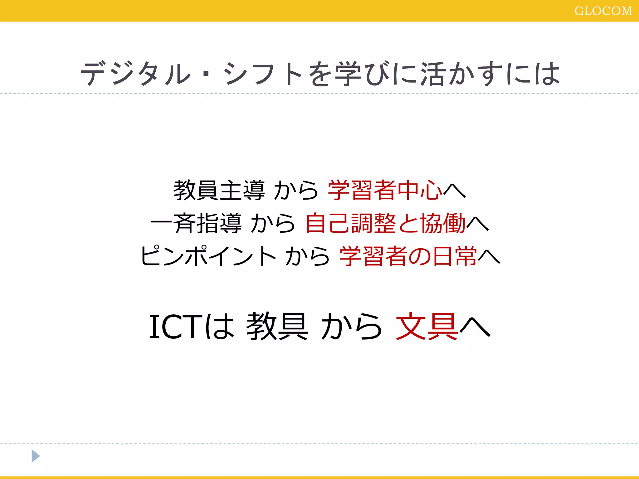 GLOCOM
デジタル・シフトを学びに活かすには
教員主導 から 学習者中心へ
一斉指導 から 自己調整と協働へ
ピンポイント から 学習者の日常へ
ICTは 教具 から 文具へ
 