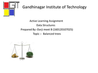 Active Learning Assignment
Data Structures
Prepared By:-Darji meet B (160120107025)
Topic :- Balanced trees
Gandhinagar Institute of Technology
 