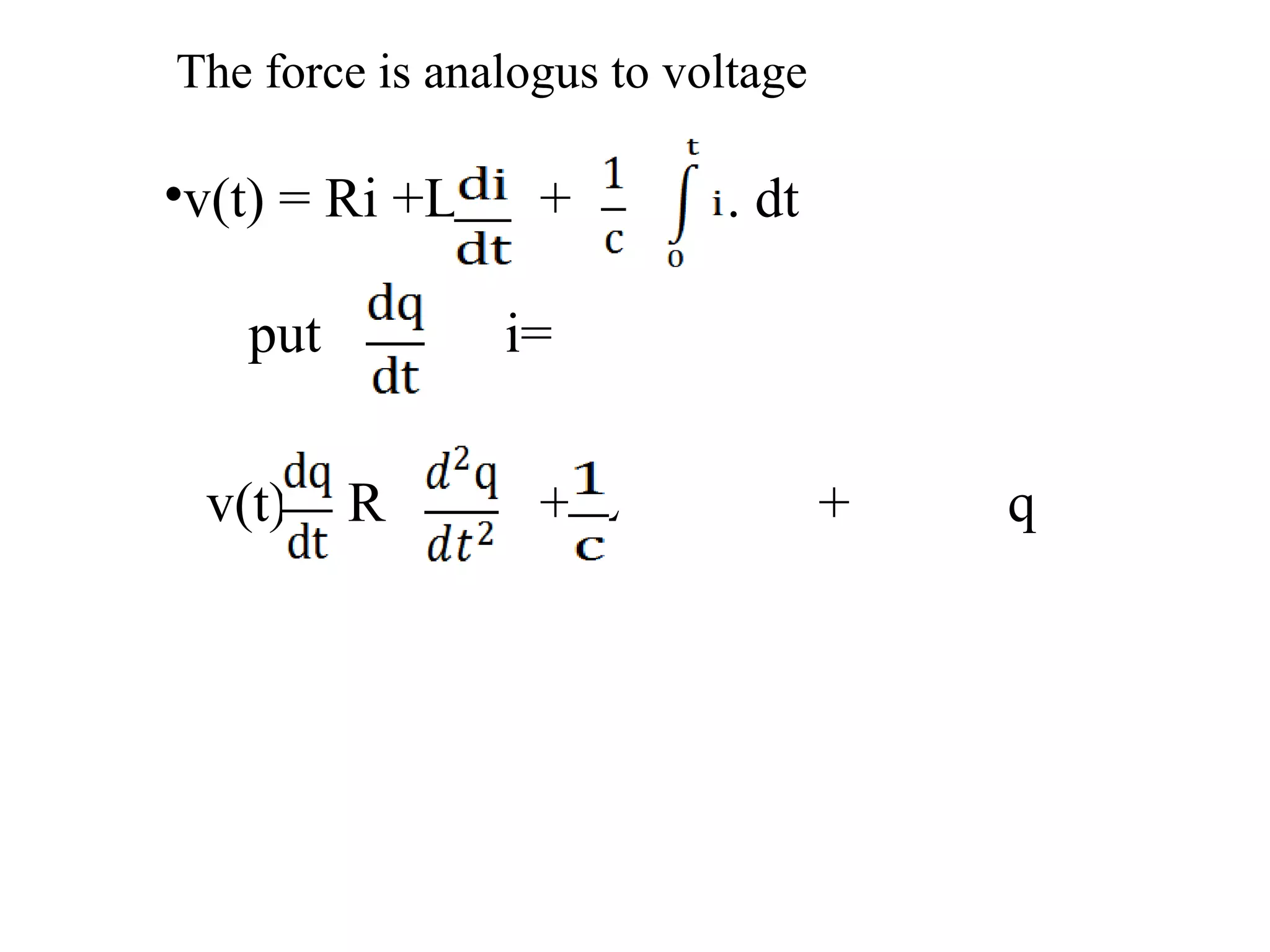 The force is analogus to voltage
•v(t) = Ri +L + . dt
put i=
v(t) = R + L + q