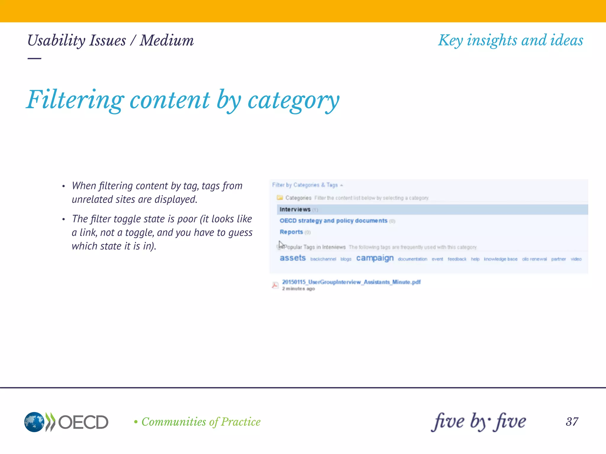 —
• Communities of Practice
Key insights and ideas
37
Usability Issues / Medium
—
Also the back button on the browser
sometimes takes you to the communities
listing rather than the home page of your
site.
There are no back or home links on the
proﬁle and settings pages
 