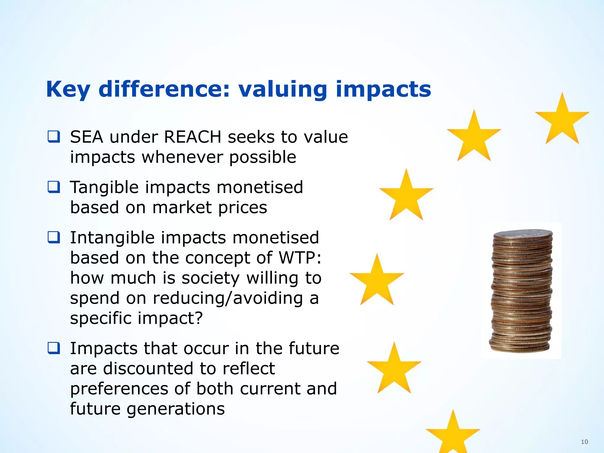 10
Key difference: valuing impacts
 SEA under REACH seeks to value
impacts whenever possible
 Tangible impacts monetised
based on market prices
 Intangible impacts monetised
based on the concept of WTP:
how much is society willing to
spend on reducing/avoiding a
specific impact?
 Impacts that occur in the future
are discounted to reflect
preferences of both current and
future generations
 