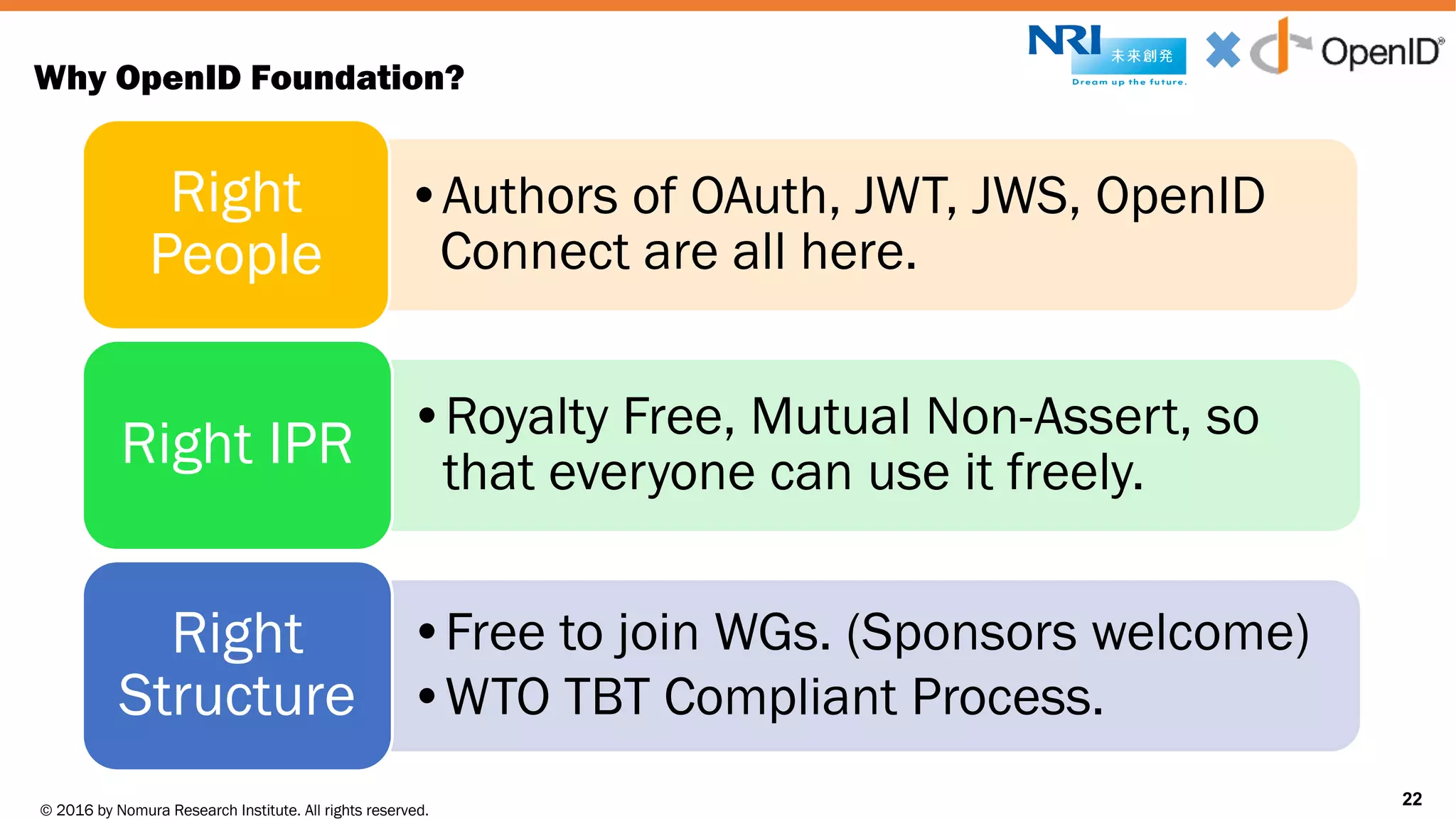 © 2016 by Nomura Research Institute. All rights reserved.
Copyright © 2016 Nat Sakimura. All Rights Reserved.
22
Why OpenID Foundation?
•Authors of OAuth, JWT, JWS, OpenID
Connect are all here.
Right
People
•Royalty Free, Mutual Non-Assert, so
that everyone can use it freely.Right IPR
•Free to join WGs. (Sponsors welcome)
•WTO TBT Compliant Process.
Right
Structure
22
 