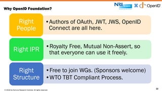 © 2016 by Nomura Research Institute. All rights reserved.
Copyright © 2016 Nat Sakimura. All Rights Reserved.
22
Why OpenID Foundation?
•Authors of OAuth, JWT, JWS, OpenID
Connect are all here.
Right
People
•Royalty Free, Mutual Non-Assert, so
that everyone can use it freely.Right IPR
•Free to join WGs. (Sponsors welcome)
•WTO TBT Compliant Process.
Right
Structure
22
 