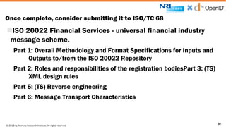 © 2016 by Nomura Research Institute. All rights reserved.
Copyright © 2016 Nat Sakimura. All Rights Reserved.
30
Once complete, consider submitting it to ISO/TC 68
30
nISO 20022 Financial Services - universal financial industry
message scheme.
Part 1: Overall Methodology and Format Specifications for Inputs and
Outputs to/from the ISO 20022 Repository
Part 2: Roles and responsibilities of the registration bodiesPart 3: (TS)
XML design rules
Part 5: (TS) Reverse engineering
Part 6: Message Transport Characteristics
 