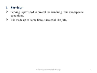 6. Serving:-
 Serving is provided to protect the armoring from atmospheric
conditions.
 It is made up of some fibrous material like jute.
14Gandhinagar Institute Of Technology
 