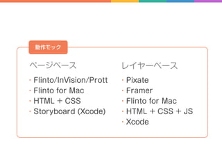 動作モック
・Flinto/InVision/Prott
・Flinto for Mac
・HTML + CSS
・Storyboard (Xcode)
ページベース
各レイヤーが独立して動く
レイヤーベース
・Pixate
・Framer
・...