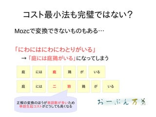 コスト最小法も完璧ではない？
Mozcで変換できないものもある…
「にわにはにわにわとりがいる」
→ 「庭には庭鶏がいる」になってしまう
庭 庭 鶏には が いる
庭 二 鶏には が いる羽
正解の変換のほうが単語数が多いため
単語生起コストがどうしても高くなる
 