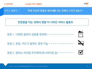 장점 1. 다양한 종류의 상품을 한번에
장점 2. 현금, 카드가 없어도 결제 가능
장점 3. 원하는 아이템 우선예약(허니버터칩 등)
GS25 오프라인 플랫폼을 활용한 비즈니스 아이디어 공모전 14
“또한 단순히 콘돔과 생리대를 사는 것에서 그치지 않는다＂
4. 전략 제시 4.4 높은 서비스 활용도
서비스 활용도 |
민망함을 더는 것에서 한발 더 나아간 서비스 활용도
 
