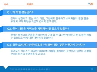 Q1. 왜 하필 콘돔인가?
QnA 질의응답
GS25 오프라인 플랫폼을 활용한 비즈니스 아이디어 공모전 20
급격히 성장하고 있는 섹스 마켓, 그럼에도 불구하고 소비자들의 관련 물품
구매 시 구매 패턴은 조금도 변하지 않고 있다.
Q2. 굳이 새로운 서비스를 시행해야 할 필요가 있을까?
현재는 법적으로 콘돔을 온라인에서 구매 할 수 없지만 얼마든지 현 상황은 바뀔
수 있으므로 이에 대한 대비책이 필요하다.
Q3. 결국 소비자가 카운터에서 수령해야 하는 것은 마찬가지 아닌가?
즐겨찾기 서비스는 매장에 입장하여 제품을 결제하는 순간까지 일련의 과정을
간소화 하는데 주안점을 두고 있다.
 