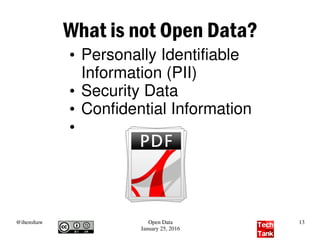 @ihenshaw Open Data
January 25, 2016
13
What is not Open Data?
●
Personally Identifiable
Information (PII)
●
Security Data
●
Confidential Information
●
 