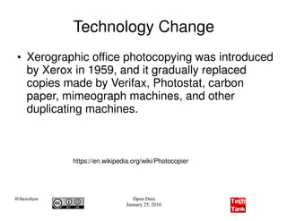 @ihenshaw Open Data
January 25, 2016
Technology Change
●
Xerographic office photocopying was introduced
by Xerox in 1959, and it gradually replaced
copies made by Verifax, Photostat, carbon
paper, mimeograph machines, and other
duplicating machines.
https://en.wikipedia.org/wiki/Photocopier
 