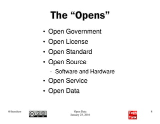 @ihenshaw Open Data
January 25, 2016
8
The “Opens”
●
Open Government
●
Open License
●
Open Standard
●
Open Source
– Software and Hardware
●
Open Service
●
Open Data
 