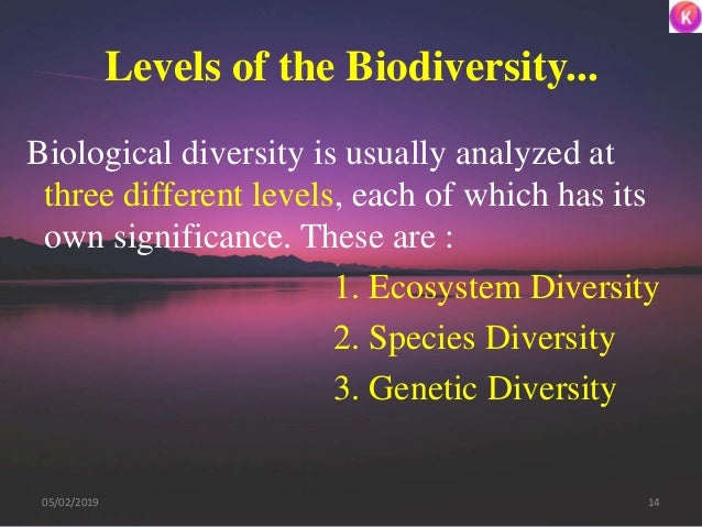 Levels of the Biodiversity...
Biological diversity is usually analyzed at
three different levels, each of which has its
ow...