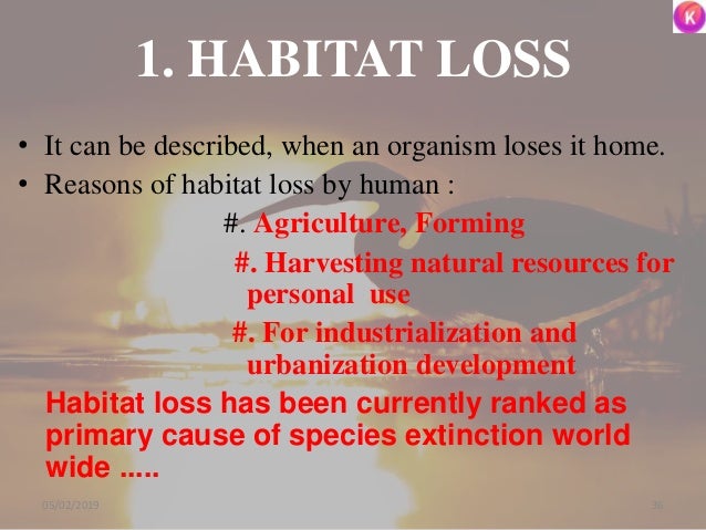 1. HABITAT LOSS
• It can be described, when an organism loses it home.
• Reasons of habitat loss by human :
#. Agriculture...